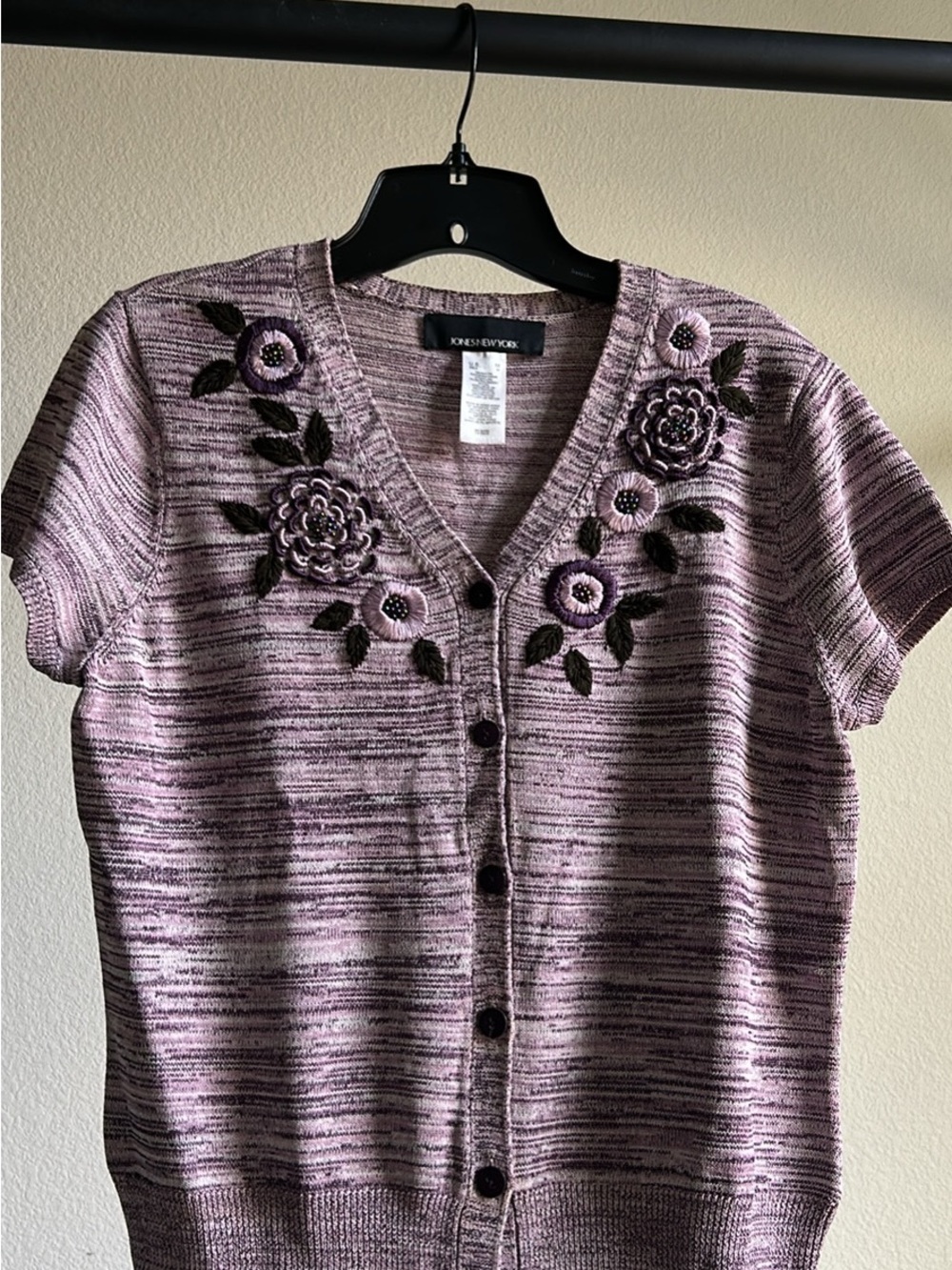 Jones New York Lavender Striped Short-Sleeve Cardigan with Floral Embroidery